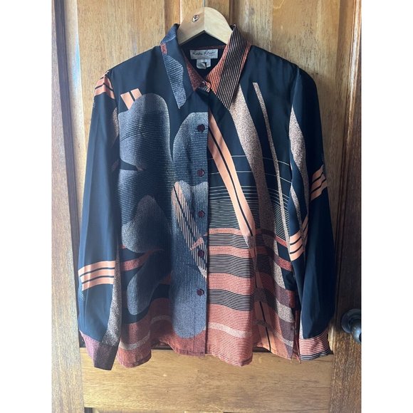 Ricki Renne  Size 16 Vintage Modern Black & Rust Coloured Blouse Aus Designer - Picture 2 of 15